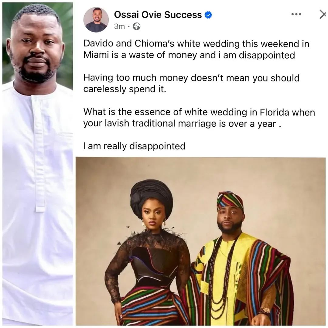 Davido’s wedding in Miami: Delta State Governors aide blasts the singer.