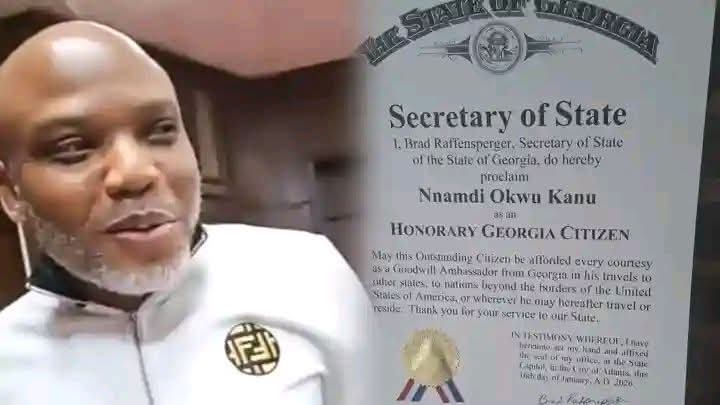 Jubilation as US state of Georgia honors Nnamdi Kanu. 